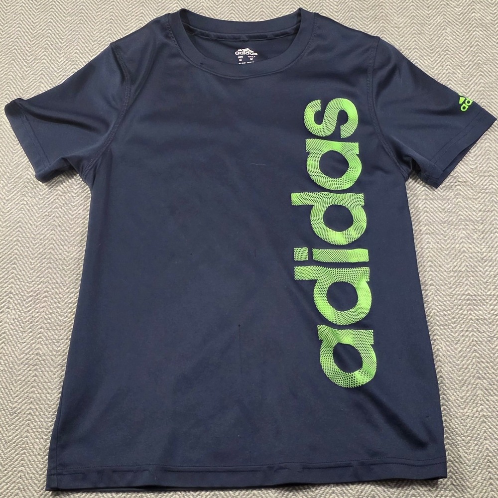 Adidas Boys Navy Blue Neon Green Vertical Logo Performance T-Shirt M M Medium